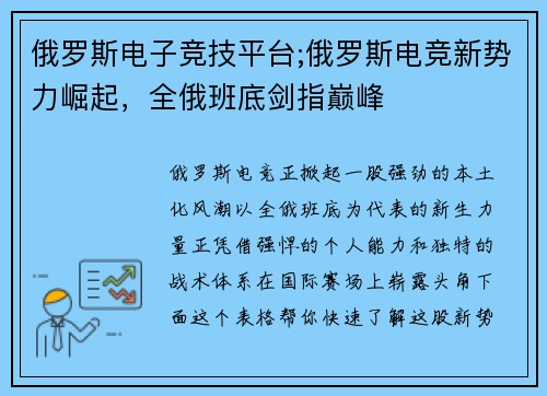 俄罗斯电子竞技平台;俄罗斯电竞新势力崛起，全俄班底剑指巅峰